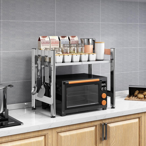 Extendable Adjustable Microwave Oven Rack, 2-Tier Stainless Steel Kitchen Counter Shelf with 4 Hooks