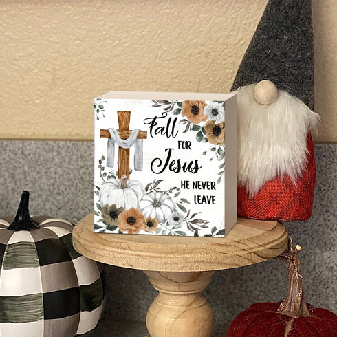 Christian Sign Fall Decor, Rustic Wood Box Desk Decor for Living Room and Bedroom, 5x5 Inch "Fall for Jesus He Never