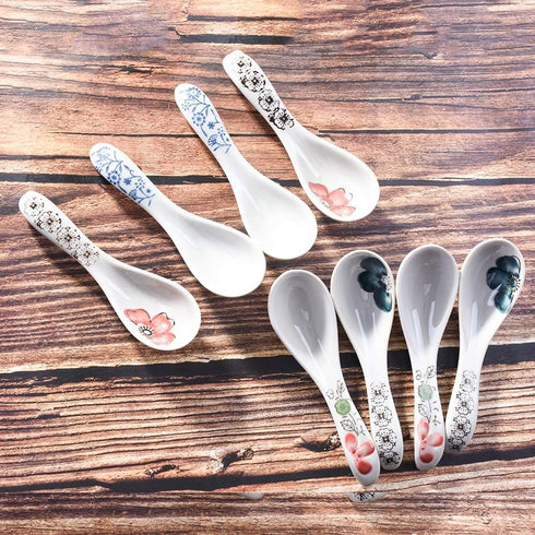 Japanese Style Soup Spoons Set of 8, Ceramic Ramen Spoons for Wonton, Salad, Porridge