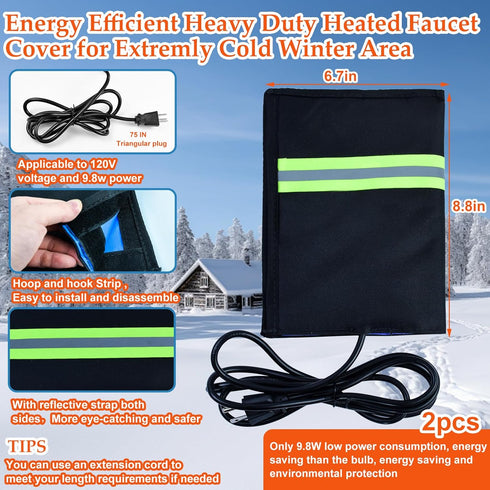2pcs 6.2ft 8.8"6.7" Heated Outdoor Faucet Covers for Winter, Heavy Duty Water Spigot Socks with Cable Energy Saving