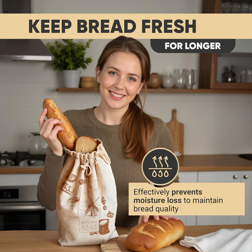 2 Pack Reusable Linen Bread Bags for Homemade Bread & Sourdough Bread with FoodGrade TPU Liner (BPA-Free), Cloth Bread