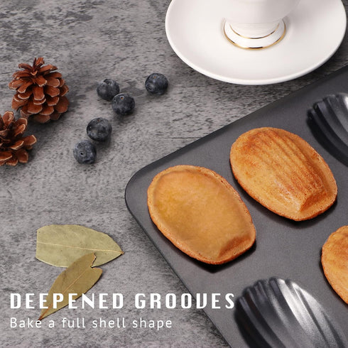 HONGBAKE Nonstick Madeleine Pan, 2 Pack 12-Cavity Heavy Duty Shell Shape Cake Pan for Oven Baking, Space Grey