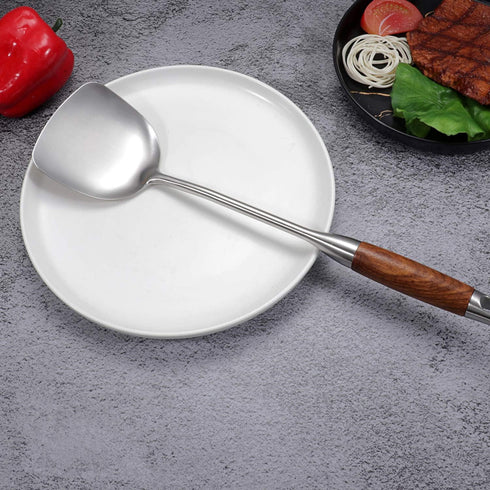 AOOSY Wok Spatula, 15.7 Inches, 18/10 Stainless Steel Utensil with Wooden Handle for Kitchen Cooking