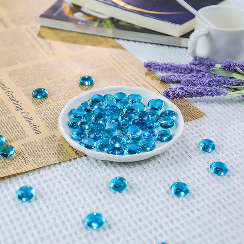 CYS EXCEL Light Blue Glass Gemstone Beads Vase Fillers (1 LB) Flat Marble Beads for Aquarium Decor, Floral Stones