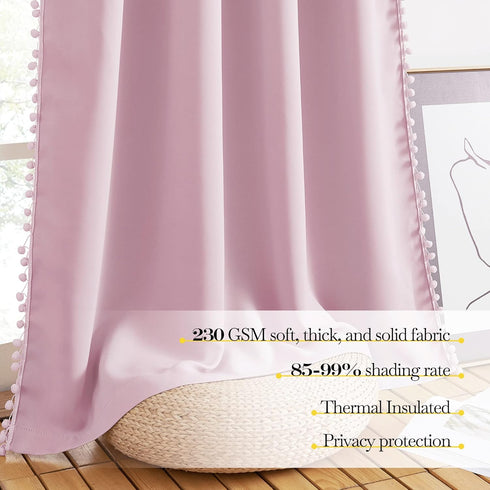 52" 84" 2 NICETOWN Pom Pom Blackout Curtains for Girls Bedroom Boho Pink Window Curtains for Nursery Rod Pocket Thermal