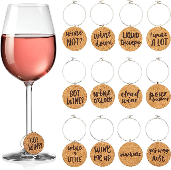 Juvale 12-Pack Funny Wine Charms for Stem Glasses, 1-Inch Cork Drink Marker Tags with Gift Box for Parties