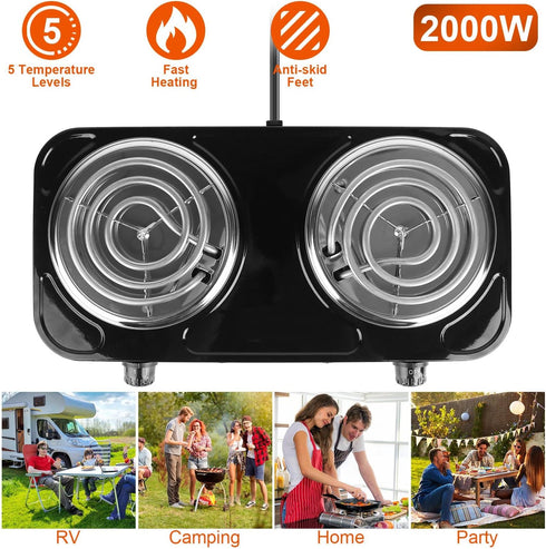 Electric Double Burner 2000W Portable Coil Hot Plate Stove - Countertop RV Hotplate with Non-Slip Rubber Feet