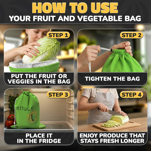3-Layer Lettuce Keeper for Refrigerator Reusable Produce Storage Bags with Foil Lining and Drawstring | Breathable