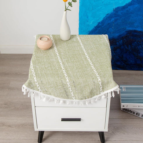 24 Inch Rustic Linen Bedside Round Small Tablecloth Striped Embroidered Washable Sage Green Table Cover Farmhouse