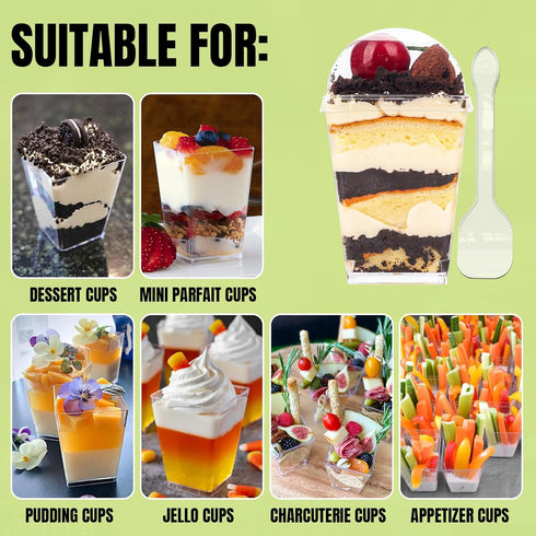 50 Pack 5oz YunKo Square Clear Plastic Dessert Cups with Lids and Spoons,Mini Parfait Cups for Yogurt, Jello