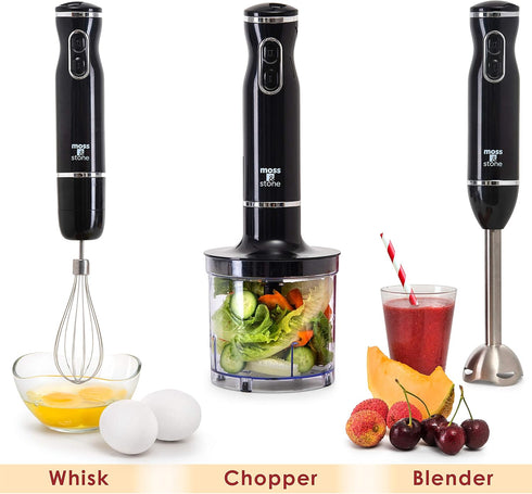 Moss & Stone Hand Blender Electric With Egg Whisk & Chopper, Powerful 300 Watt Immersion Hand Blender Set, Hand Mixer Set Stainless Steel Shaft & Blades, Black Handheld Blender With Ergonomic Handle by Moss & Stone
