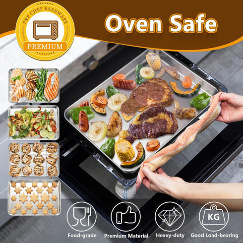 P&P CHEF Set of 2 Baking Sheets with Racks, Stainless Steel Cookie Sheet & Cooling Rack, 2 Sizes (16” + 12.5”)