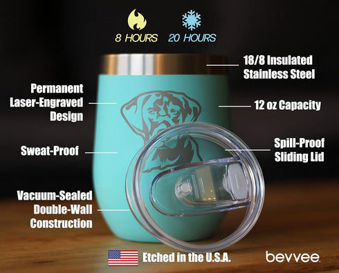 Bevvee Black Lab Face Wine Tumbler with Sliding Lid, Stemless Stainless Steel Insulated Cup for Outdoor Camping, Teal