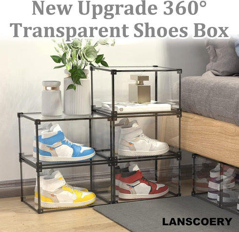 LANSCOERY Shoe Storage Box, Stackable Clear Acrylic Foldable Shoe Organizer with Magnetic Side Opening Door for