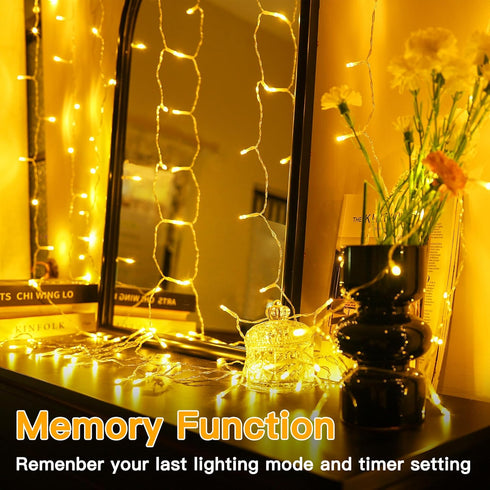 6.6x6.6ft, 200 8 Dimmable Ollny Curtain Lights LED String Lights with Remote Modes Timer, USB Power Fairy Light