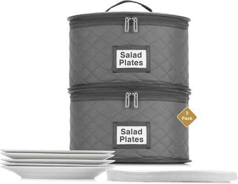 2 Pack 10" Quilted Salad Plate Cases - Stackable China Storage Container with Padded Interior for Dinnerware Dishes