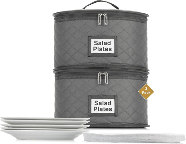 2 Pack 10" Quilted Salad Plate Cases - Stackable China Storage Container with Padded Interior for Dinnerware Dishes
