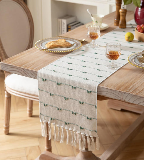 72 Inchs Caflife Boho Table Runner Long for Modern Farmhouse Room Home Decor, Green and Beige Coffee Table Runner
