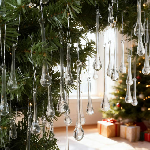 32 OuMuaMua Pcs Glass Raindrop Christmas Ornaments Crystal Teardrop Hanging Ornaments Clear Chandelier Drop Pendant