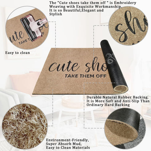 Welcome Mat for Front Door, Cute Shoes Take Them Off Indoor Doormat with Rubber Backing, Non-Slip and Easy to Clean