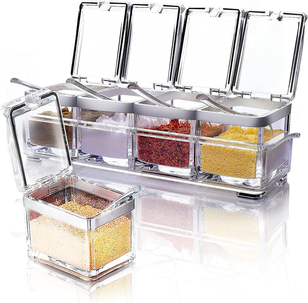 Acrylic Seasoning Box Set, 4 Piece Clear Premium Quality Storage Rack Spice