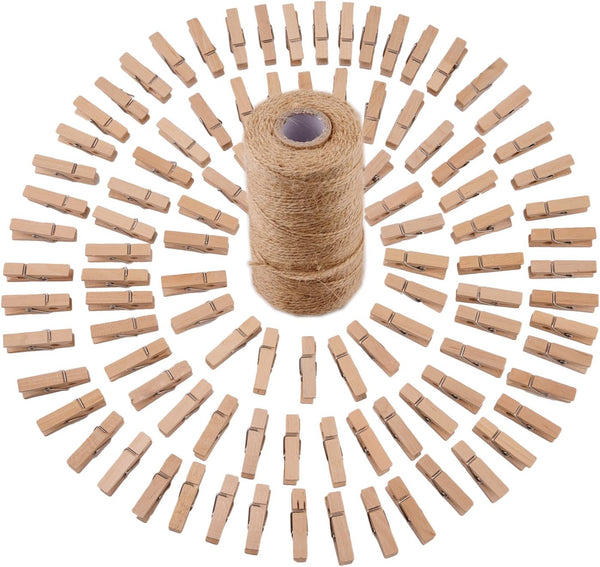 320 Feet Jute Twine and 100 Mini Natural Wooden Craft Clothespins Pegs Clips