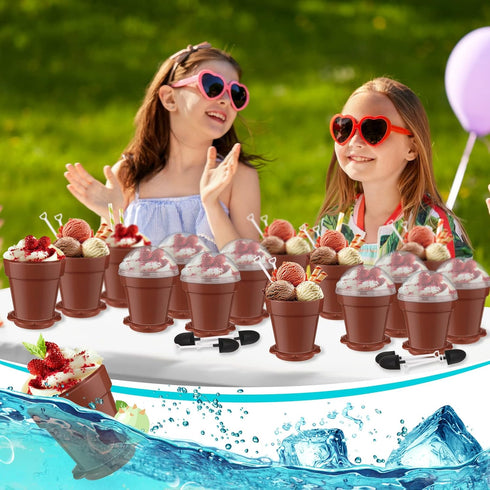 50 Pack Honeydak Flowerpot Dessert Cup Plastic Cake Cups with Lid Shovel Spoon Bottom Tray Small Flower Pot Cups
