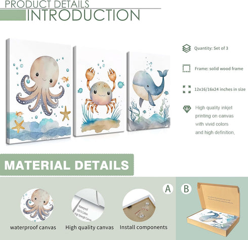 Set 3, 12x16 Inch Ocean Nursery Wall Art of Sea Animal Baby Boys Room Canvas Wall Decor Paintings, Watercolor Ocean