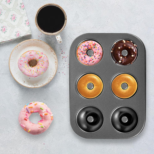Non-Stick Donut Baking Tray, 10.4" x 7.28" with 6 Donut Molds, Steel Tray for Perfect Bagel and Cake Donuts