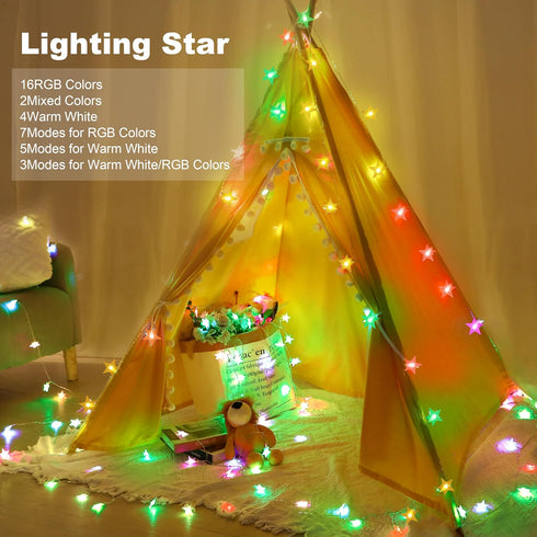 33ft 60 Star String Lights Battery Operated, RGB+Warm White Color Changing Fairy String Lights Indoor with Remote, LED