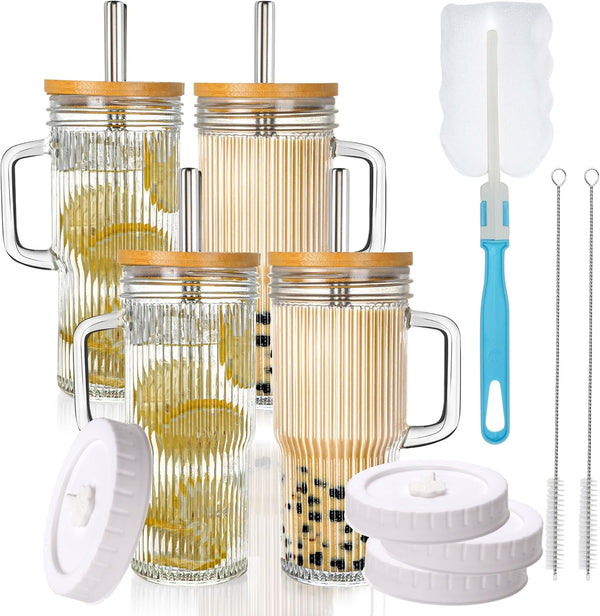 24oz Ribbed Glass Tumbler With Handle,4Pack Glass Cup with Lids and Straws,Reusable