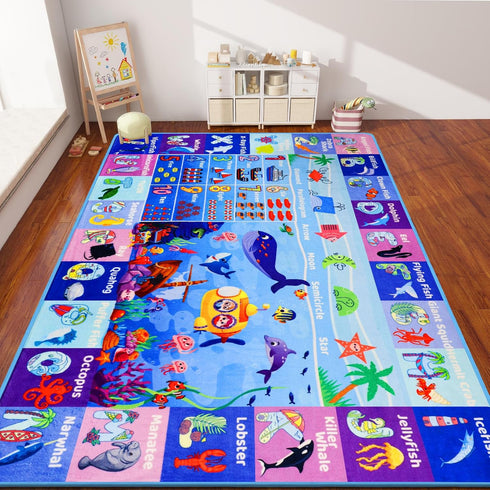 DINSUMRUG 59"39.4" ABC Kids Rug for Playroom Ocean Rug Baby Play Mat Alphabet Mat Sea Animal Number Shape Classroom