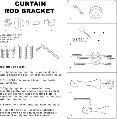 Heavy Duty Curtain Rod Brackets for Wall, 6 inch Extra Long Holder for Heavy Curtains, for 3/4 to 1 inch Rods, Set of