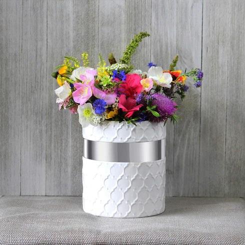 Home Acre Designs Large Ceramic Kitchen Utensil Holder, Farmhouse Countertop Crock in White/Silver