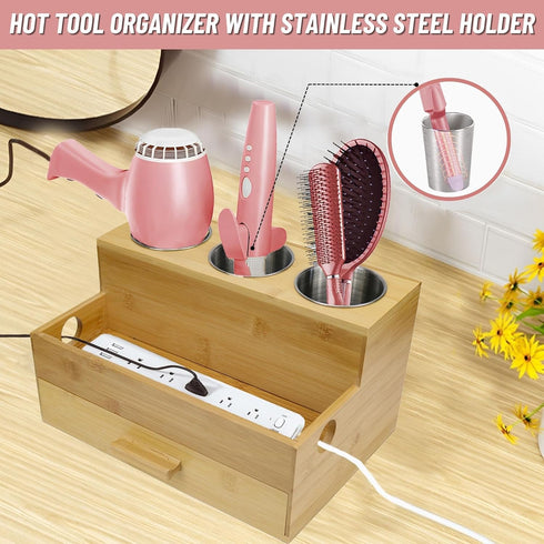 Hair Tool Storage Organizer - Bamboo Hair Organizer for Bathroom, Kitchen, and Makeup, Perfect for Blow Dryer &
