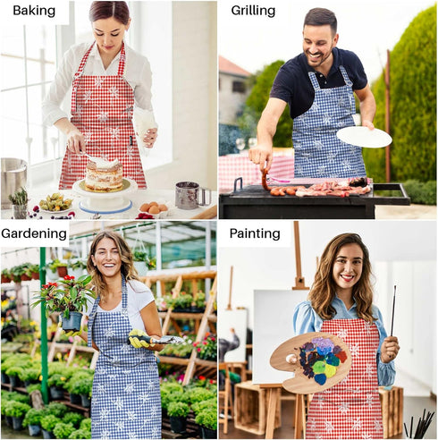 Adjustable Bib Kitchen Cooking Apron for Women/Men, 100% Cotton Gingham Check for Restaurant Cafe Shop