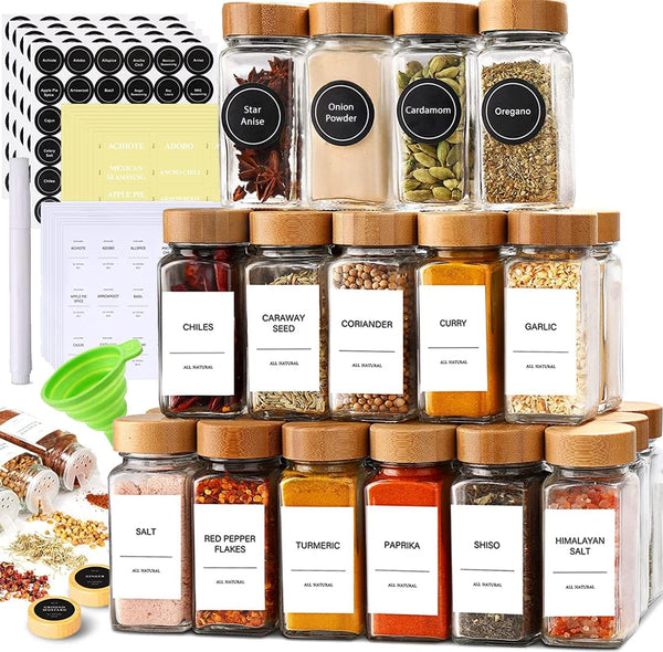 24-Piece Spice Jars Set by Le'raze: Glass Jars with Bamboo Lids, Labels