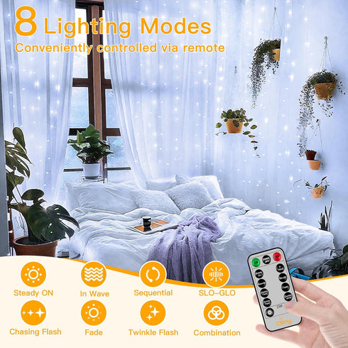Ollny Curtain Lights 6.6x6.6ft, 200 LED White String Lights with Remote, USB Power Fairy Light for Wedding Decor
