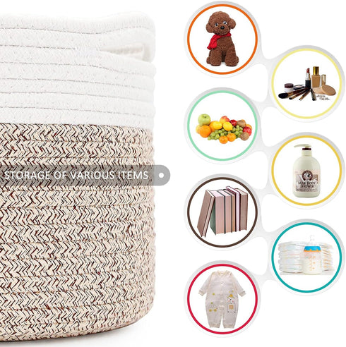 Laundry Hamper, Pure Cotton Rope Woven Basket for Dirty Clothes, 15.5 * 13.5 inches-40L White & Brown Mixed