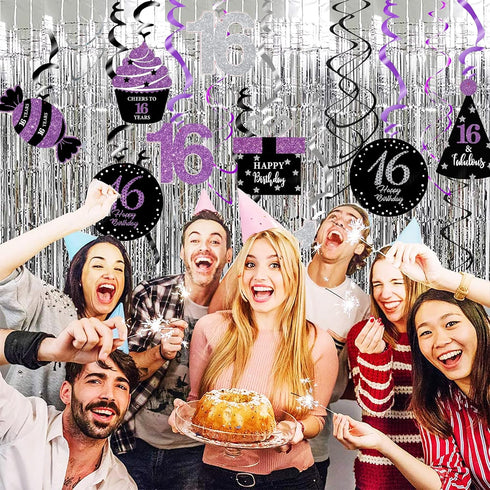 Sweet 16 Birthday Decorations Purple Silver Black, 16th Birthday Party Decor with Foil Hanging Swirls for Women/Girls