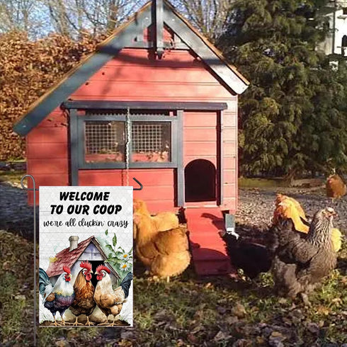 Welcome To Our Coop Chicken Garden Flag, 12x18 Inch Double Sided Rustic Rooster Yard Flag