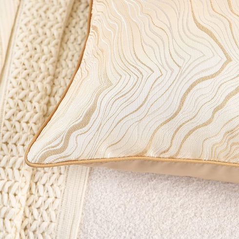 Avigers 18 x 18 Inch Square Beige Gold Abstract Striped Embroidery Cushion Case - Luxury Decorative Pillow Cover