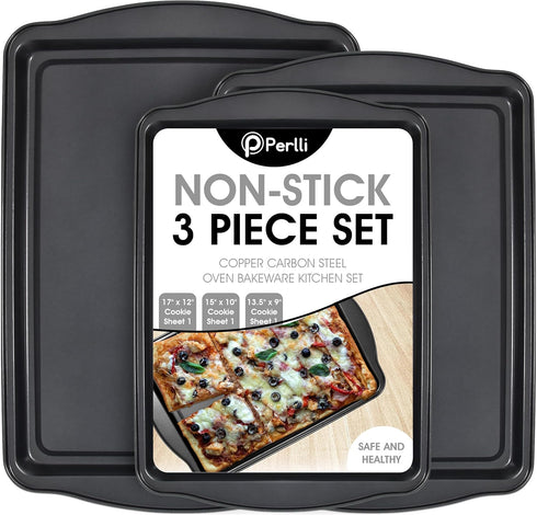 Perlli Cookie Sheets for Baking, 3-Piece Non Stick Oven Pan Tray Set, Carbon Steel BPA Free for Cakes and Cookies