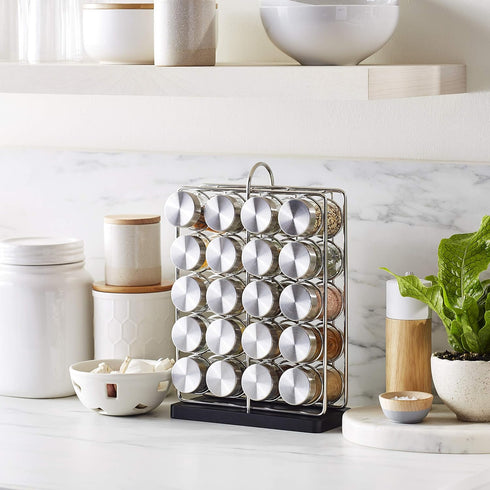 20 Amazon Basics Jars Spice Rack Organizer, Space-Saving Kitchen Organizer with Glass Spice Jars, Sturdy, Silver