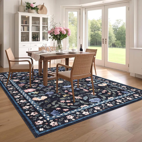 4x6, GarveeHome Floral Washable Rug Non-Slip Low Pile Botanical Carpet, Vintage Farmhouse Area Rug for Bedroom Nursery
