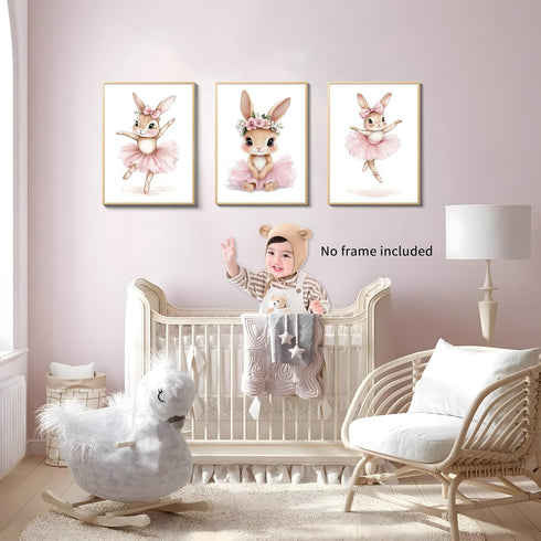 Set 3, 12x16 Baby Girl Nursery Wall Decor, Easter Nursery Canvas Wall Art Paintings of Cute Animal Pink Bunny Posters