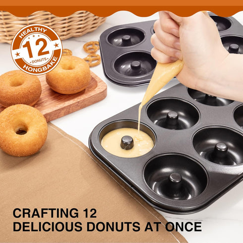 HONGBAKE 2 Pack Donut Pan, Upgraded Deepened 6 Cavity Mini Bagel Mold for Oven, Nonstick and Heavy Duty