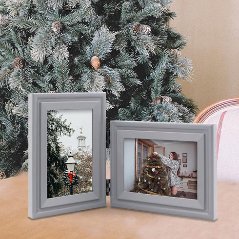 Vertical Horizontal Art Double 4x6 Grey Wood Foldable Picture Frame - 3.5x5.5 Opening