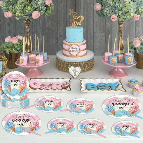 96PCS Set 24 Whats The Scoop Plates and Napkins Party Supplies Whats The Scoop Gender Reveal Decorations Ice Cream