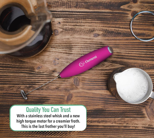 Elementi Electric Milk Frother with Stand, Handheld Drink Mixer and Frother, Pink Coffee Maker